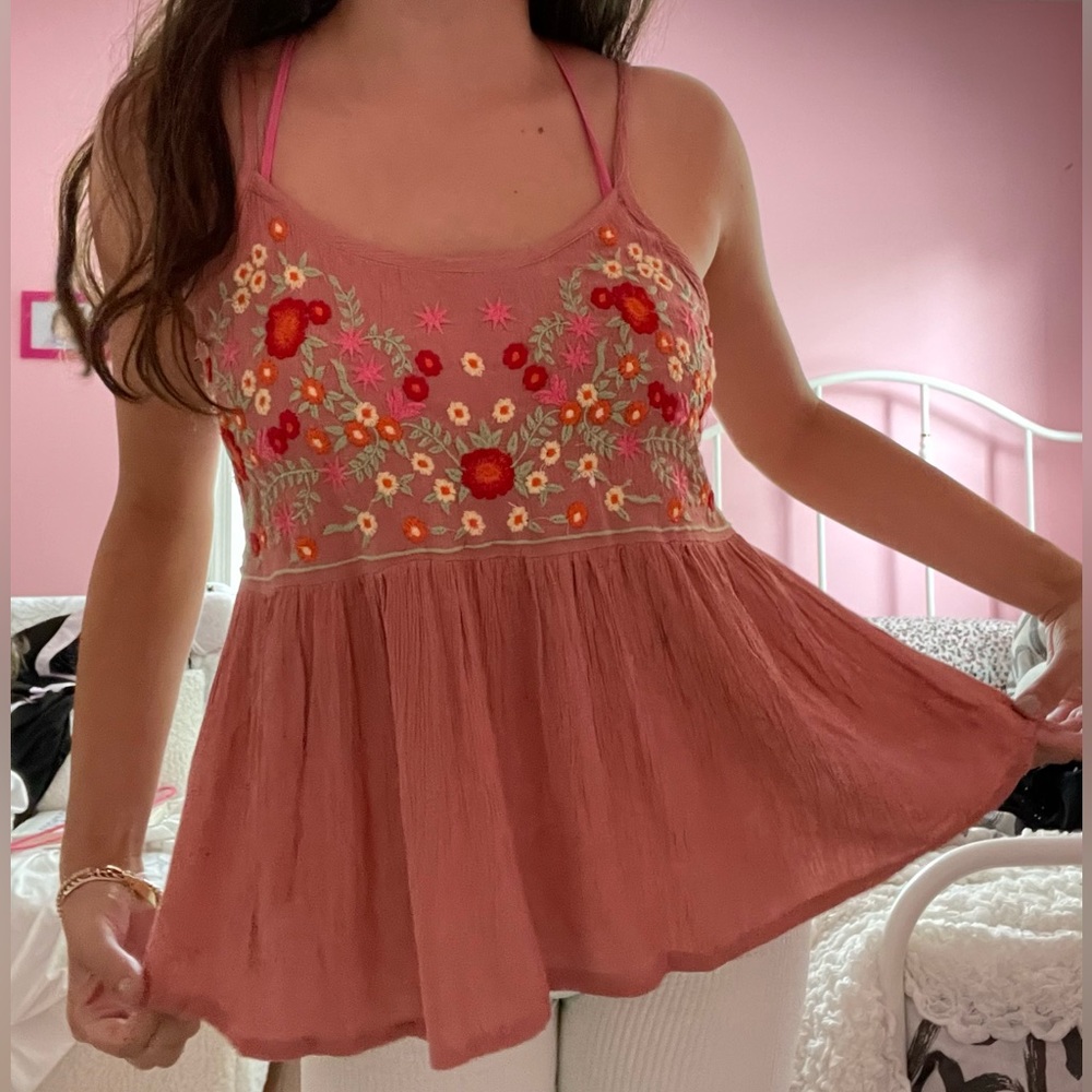NWT Sim and Sam bohemian pink floral embroidery baby doll pink tank top - Picture 1 of 4